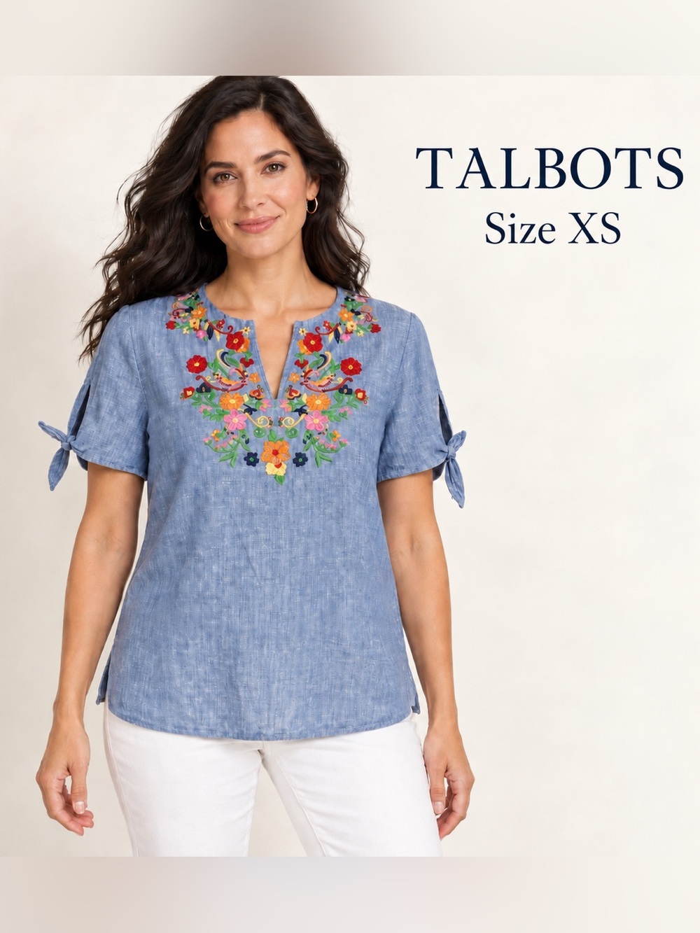Talbots XS Blue Linen Blend Floral Bird Embroidered Tie Sleeve Blouse boho style